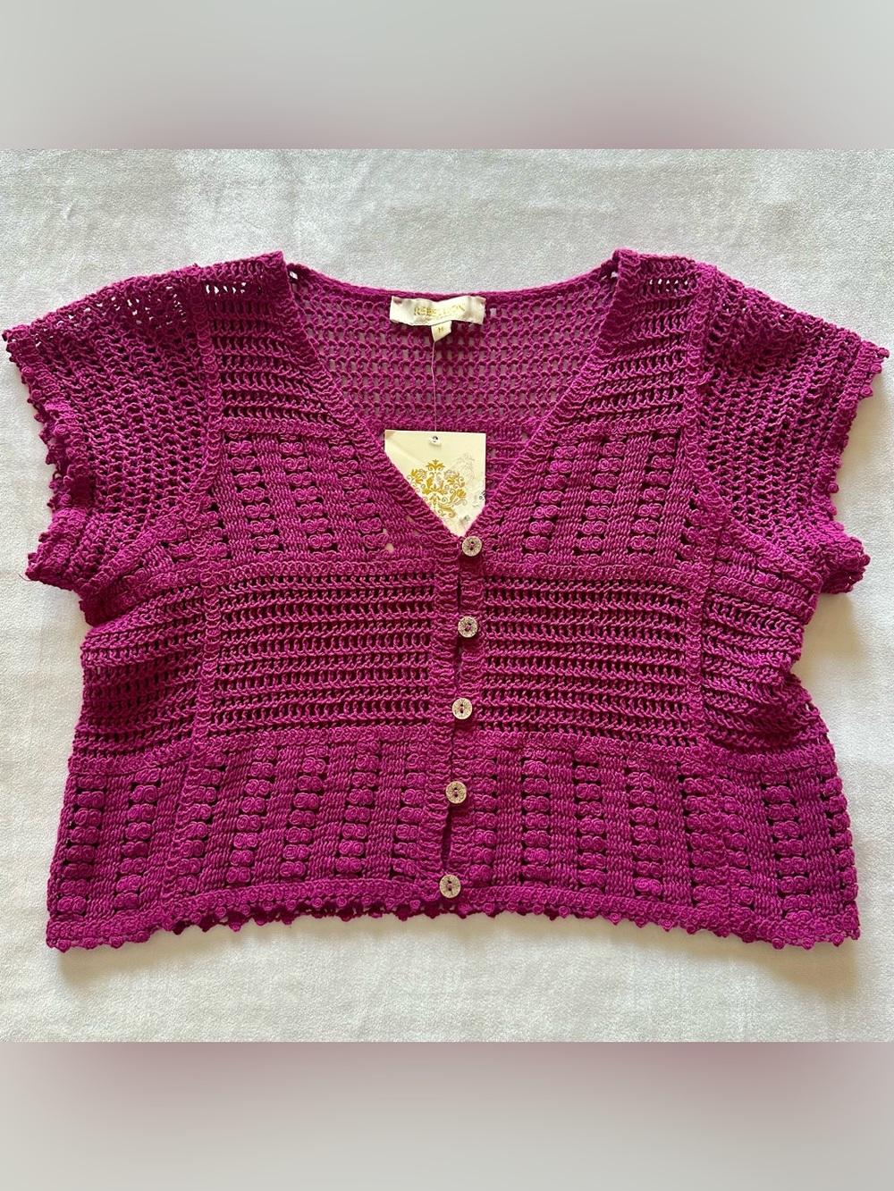 100% cotton crocheted magenta button up sweater / size medium